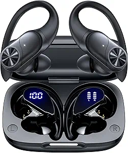 PocBuds Bluetooth Headphones Wireless Earbuds 80hrs Playtime Wireless Charging Case Digital Display Sports Ear Buds with Earhook Deep Bass IPX7 Waterproof Over-Ear Earphones for TV Phone Laptop Black